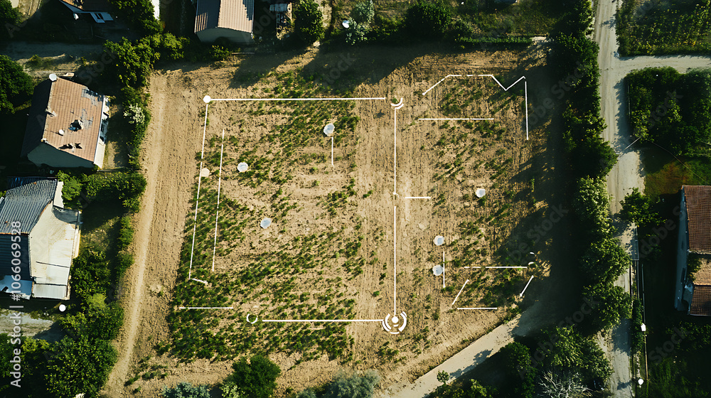 Aufkleber Aerial view of land plots with digital markers and network lines, representing land plot area concept