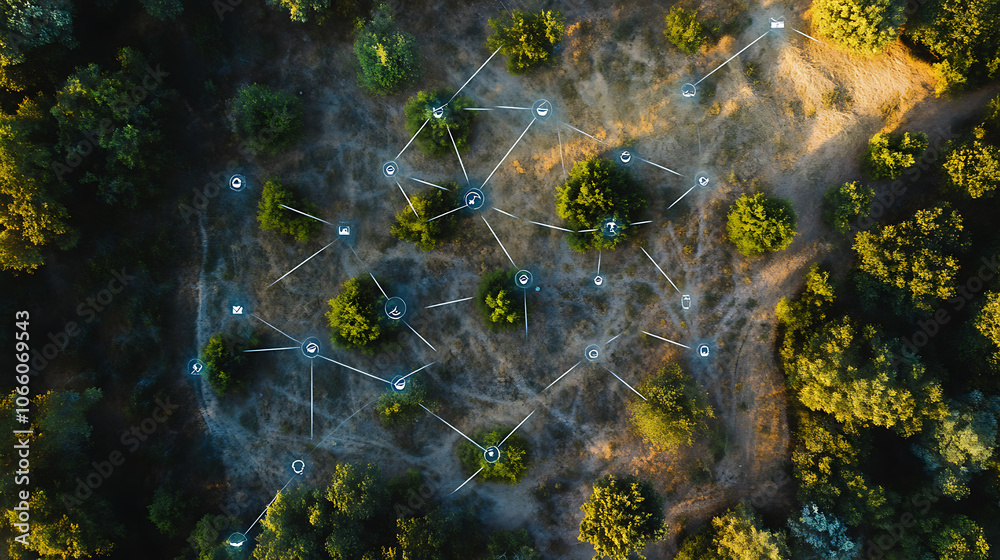 Poster Aerial view of land plots with digital markers and network lines, representing land plot area concept