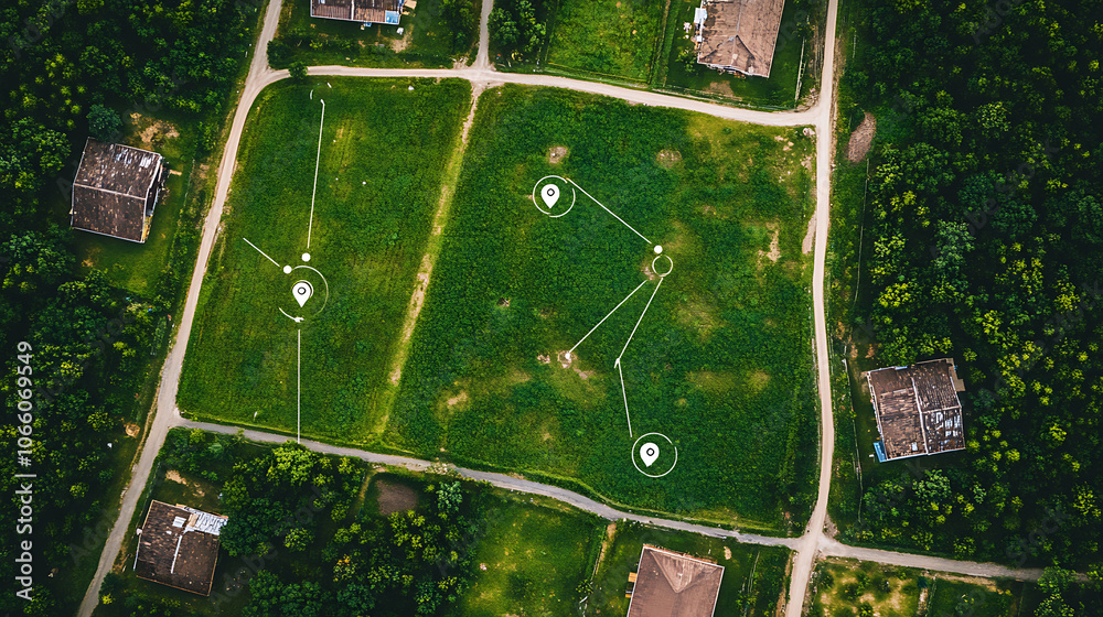 Poster Aerial view of land plots with digital markers and network lines, representing land plot area concept