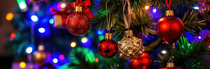 Fototapeta premium Vibrant blend of colorful Christmas lights creating a festive holiday background, glowing lights, Christmas