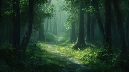 Obraz premium Forest pathway winding through tall trees, a peaceful scene filled with fresh green leaves.