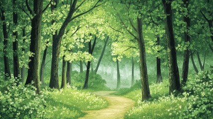 Obraz premium Forest pathway winding through tall trees, a peaceful scene filled with fresh green leaves.