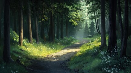 Obraz premium Forest pathway winding through tall trees, a peaceful scene filled with fresh green leaves.