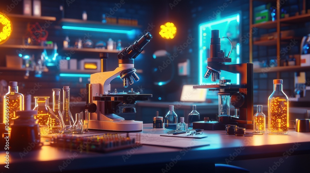Poster two microscopes and laboratory equipment on a table in a dimly lit room
