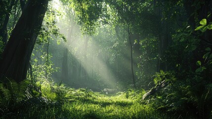 Fototapeta premium Sunbeams Piercing Through Lush Tropical Forest Canopy