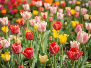 Fototapeta premium Vibrant line of yellow tulips blooming in a garden, botanical, outdoor