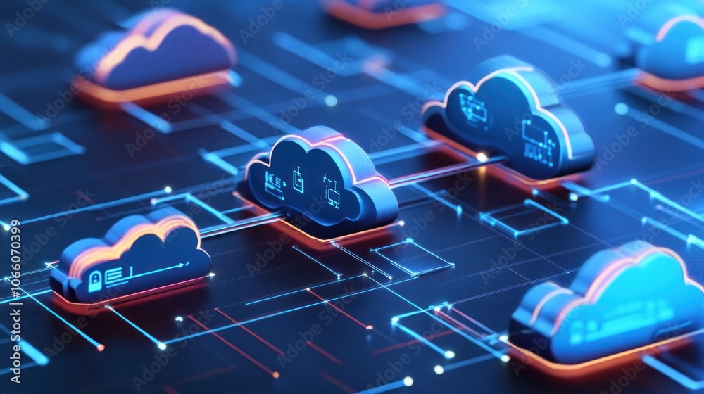 Poster Cloud Computing Network with Glowing Lines and Icons