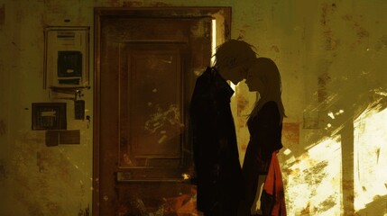 A couple stands silhouetted in a doorway, bathed in warm light, against a weathered wall. The scene conveys intimacy, mystery, and a sense of shared past.