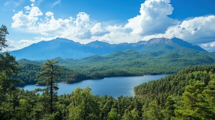 Iconic mountain views with scenic peaks, dense pine forests, and tranquil waters.