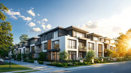 A row of modern townhouses with white walls and gray roofs against the blue sky on a sunny day Generative AI