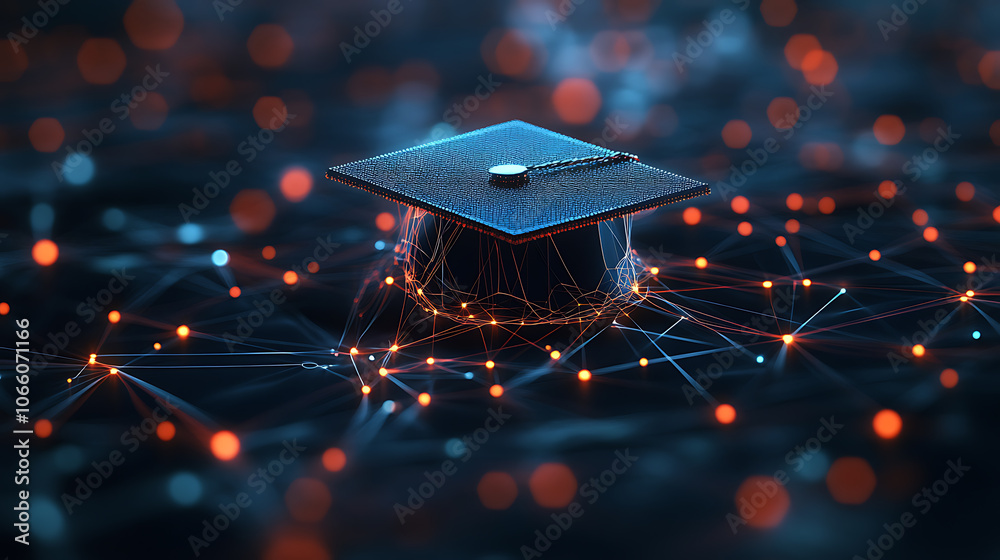 Fototapete A blue digital mesh representing the network of interconnected nodes, with an illuminated graduation cap floating above it Generative AI