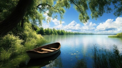 Obraz premium Lake with boat floating calmly, surrounded by lush greenery and clear skies.