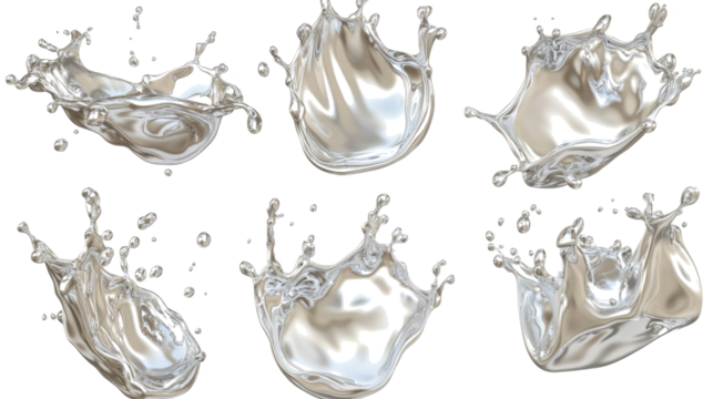 Abstract Silver Liquid Shapes Splashing on Transparent Background Generative AI
