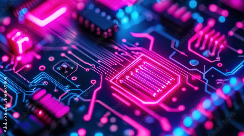 Poster close-up of a circuit board with glowing pink and blue traces