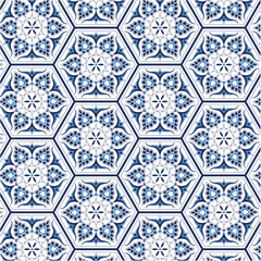 Iznik tile pattern with leaf motif in a hexagonal frame