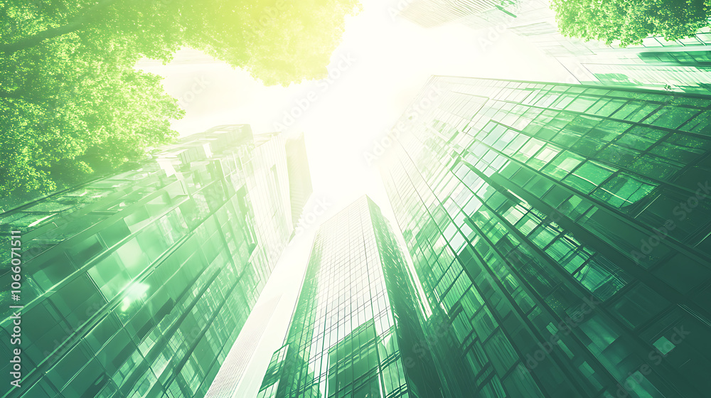 Poster A background with white space in the center, featuring green energy images and photos of sustainable buildings arranged on it The theme is clean technology for sustainability Generative AI