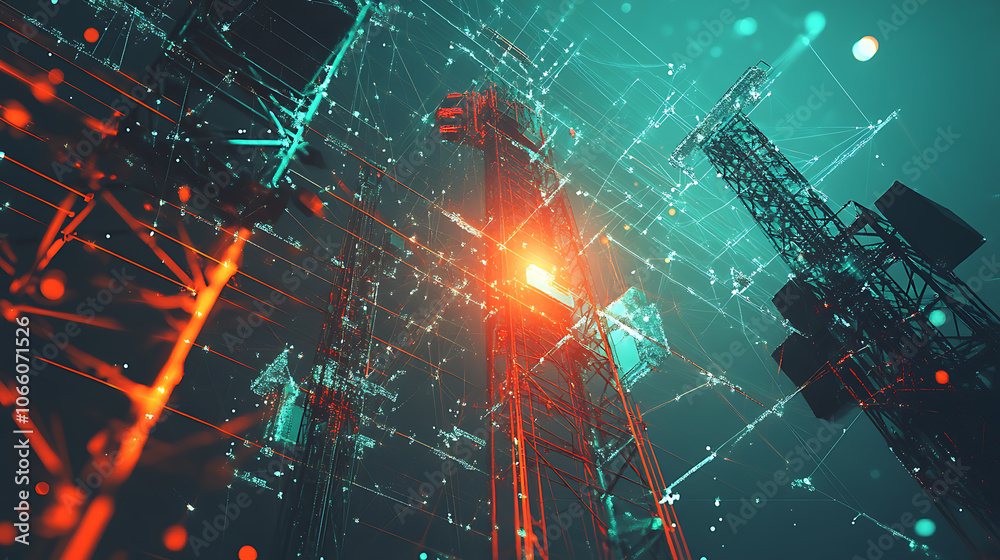 Poster 5g base station receiver on a telecommunication tower with network connections
