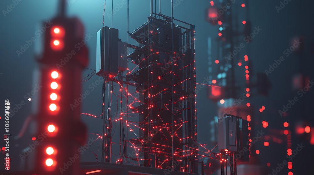 Poster 3d illustration of a telecom base station receiver with abstract digital connections, symbolizing mo
