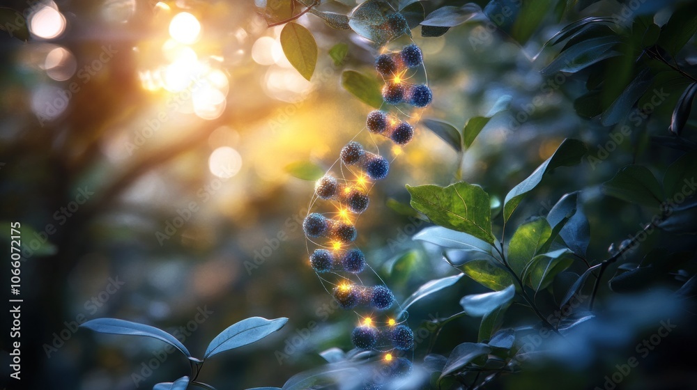 Poster a dna strand emerging from lush greenery with sunlit bokeh