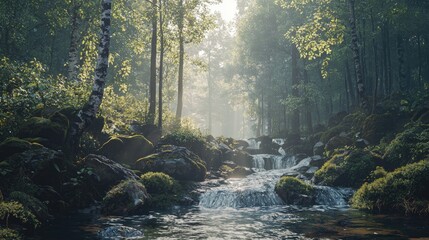 Obraz premium Sunlit Stream Flowing Through a Mossy Forest