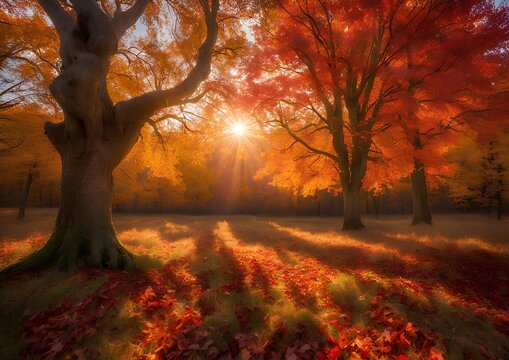 Sunset lit Autumn Forest