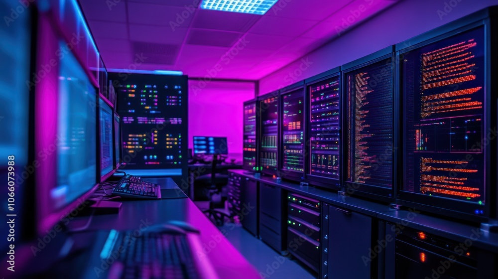 Poster Server Room with Multiple Monitors Displaying Code