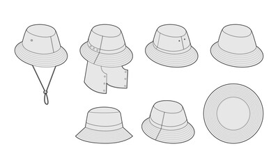 Set of Bucket Hat -Refined Weatherproof Modular Adjustable, Sahara Outdoor Garden Luxury Fisherman, with Cord Stopper. Head Fashion accessory cap clothing technical illustration. Vector flat mockup