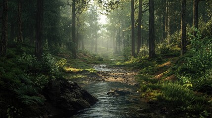 Obraz premium Sunbeams through a Lush Forest with a Winding Stream