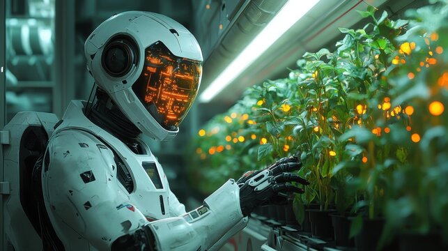 An astronaut in a white spacesuit tending to a greenhouse of plants in a futuristic environment.