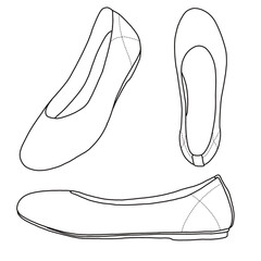 Women’s Ballet Flat Knit Dress Shoes Round Toe Slip On Ballerina Walking Flats Line art, Technical sketch hand drawing outline vector doodle illustration various  view isolated on white background