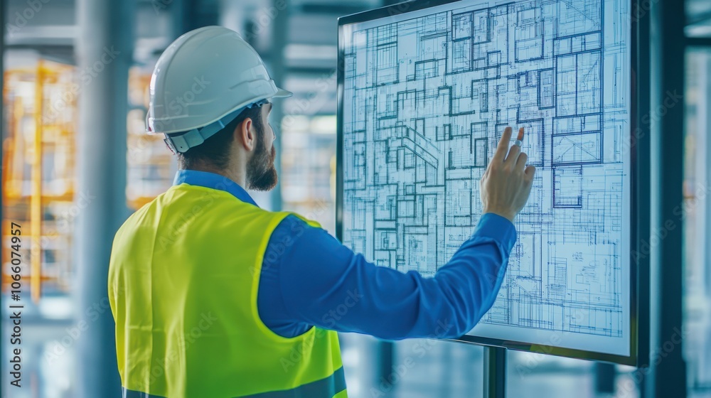 Poster construction worker reviewing architectural blueprint on a digital display