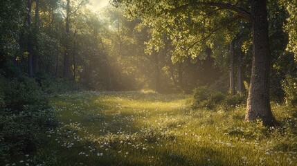 Obraz premium Sunlit Forest Clearing with Wildflowers and a Tree