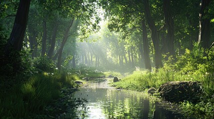 Fototapeta premium Sunbeams Through Dense Forest Canopy, Illuminating a Serene Creek