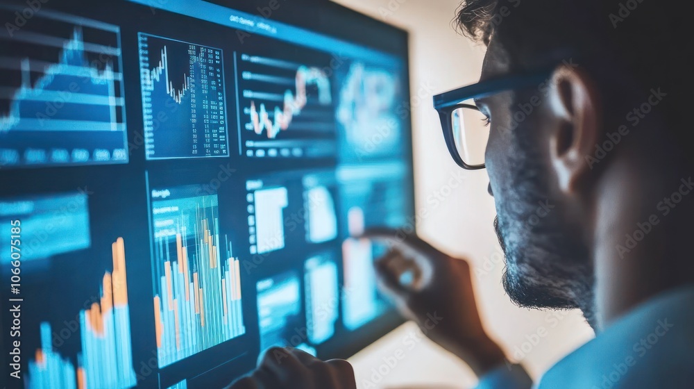 Poster A Man Analyzing Financial Data on a Computer Screen