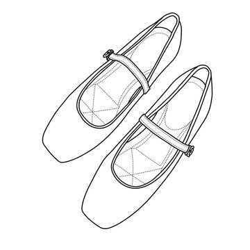 recommend clip art: Women's Comfortable Square Toe Slip On Flats shoes Line art, Technical sketch hand drawing outline vector doodle illustration top view isolated on white background