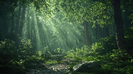 Fototapeta premium Sunlight filtering through dense green forest canopy, illuminating a mossy path.