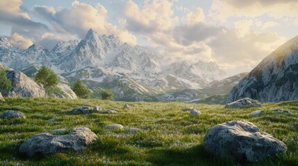 A grassy meadow with scattered boulders and a snow-capped mountain range in the background