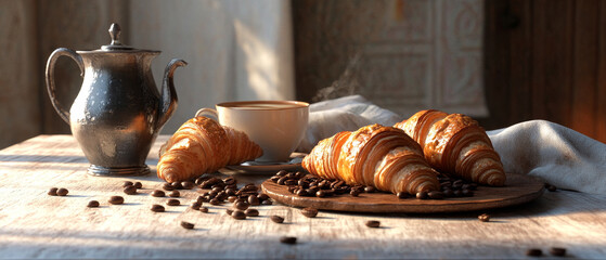 serene breakfast scene featuring fresh croissants, coffee, and coffee beans, evoking warm and inviting atmosphere