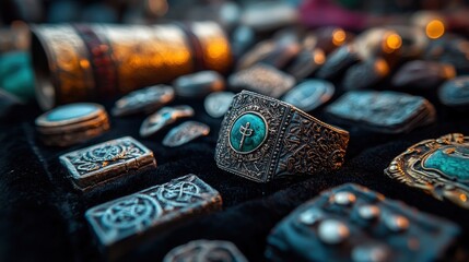 A captivating display of ancient rings and trinkets, each with intricate designs and rich detailing, suggesting a narrative of history and cultural richness.
