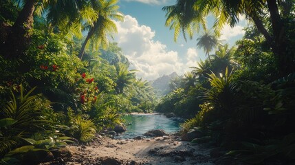 Fototapeta premium Lush Tropical Jungle with a Winding Stream and Distant Mountains