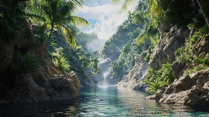 Fototapeta premium Serene Waterfall Pool in a Lush Tropical Jungle