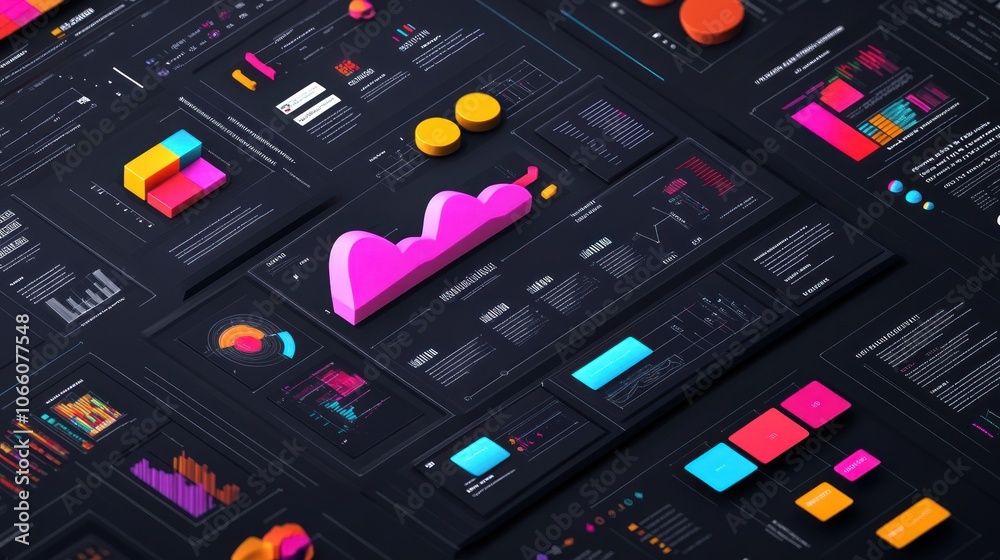 Poster 3D Colorful Graphical User Interface with Data Visualization on Black Background