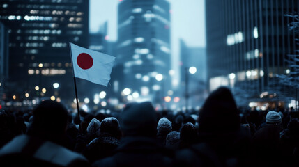 Fototapeta premium A crowd stands in a city street, holding a flag with a red circle against a white background. Concept of urban gathering at dusk.