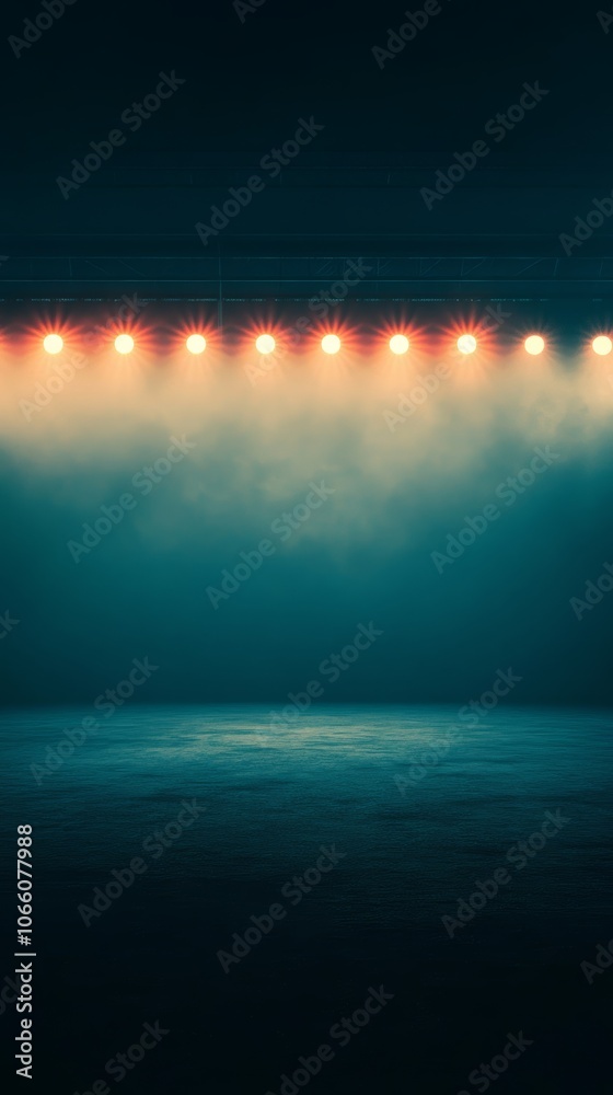 Poster Bright spotlights illuminating an empty stage filled with smoke, creating a dramatic and mysterious atmosphere for a show or performance