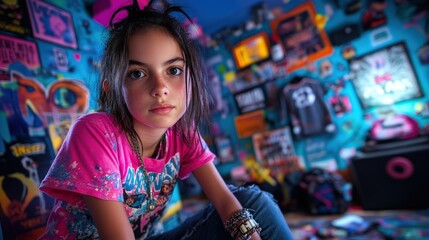Obraz premium A portrait of a young girl in a room full of colorful posters and memorabilia, reflecting a dynamic artistic personality and a love for vibrant environments.