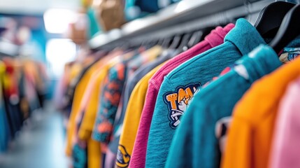 Obraz premium A stylish display of brightly colored shirts on hangers, capturing the essence of fashion and individuality in a modern boutique setting with vibrant lighting.