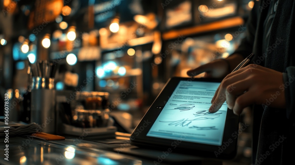 Poster a person signing a digital document on a tablet