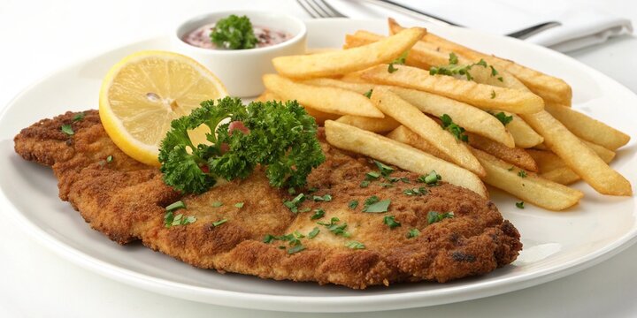 Un delicioso plato de milanesa acompa&ntilde;ado de papas fritas
