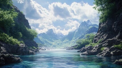Obraz premium A Serene Mountain Lake Surrounded by Lush Green Foliage and Rocky Cliffs