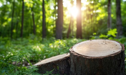 Naklejka premium Two tree stumps in a forest with sunlight shining through the trees.